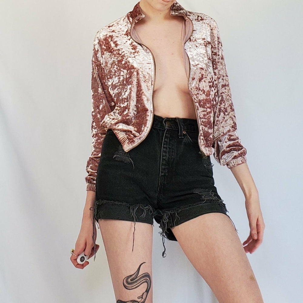 Pink Rose crushed velvet bomber jacket